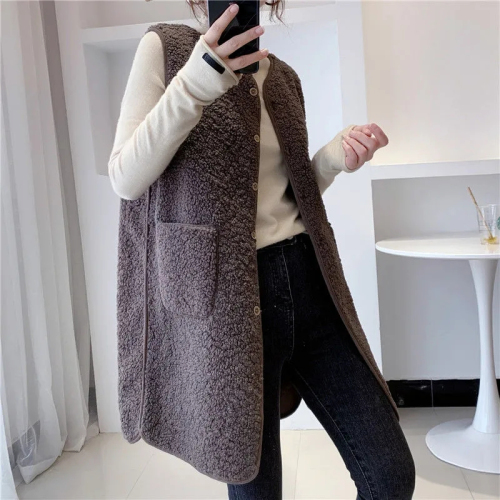 Long vest for women in autumn and winter, mid-length imitation lamb hair vest, fashionable new style, versatile and versatile, women's coat