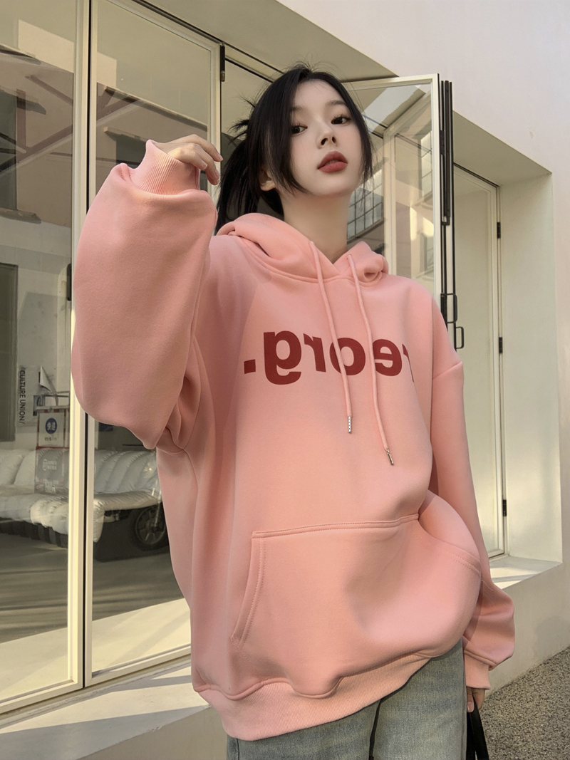 實拍~三標齊~慵懶風美式字母印花寬鬆休閒加絨連帽衛衣