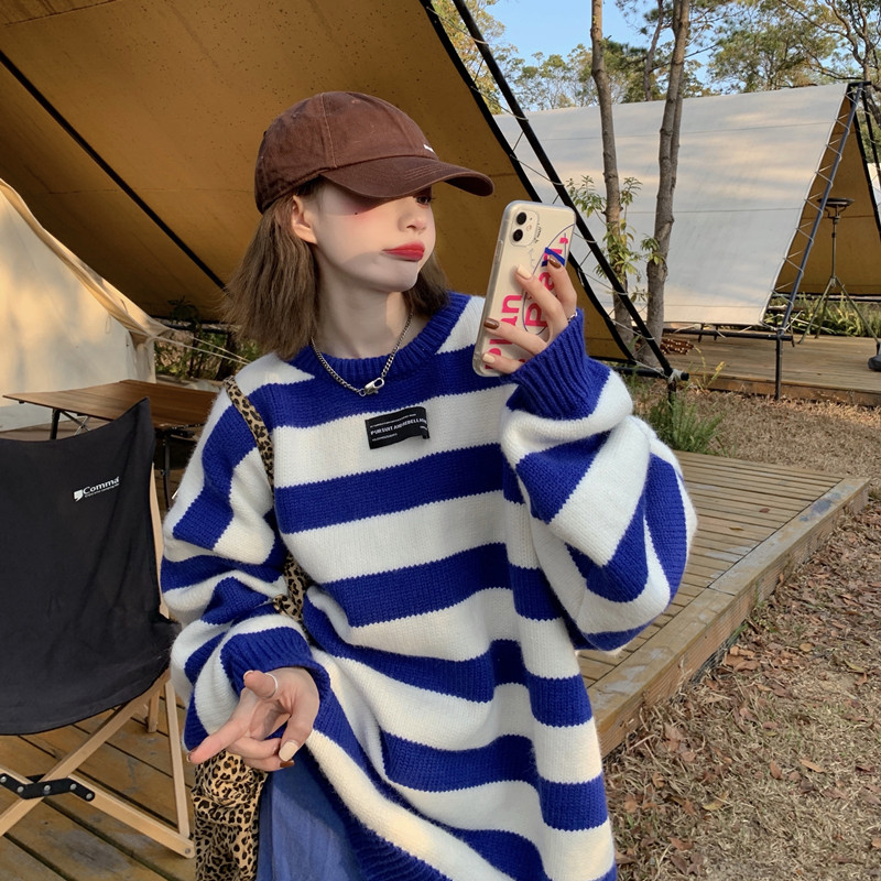 秋冬裝新款慵懶風大碼女裝胖MM條紋寬鬆加厚毛衣L-4XL200斤