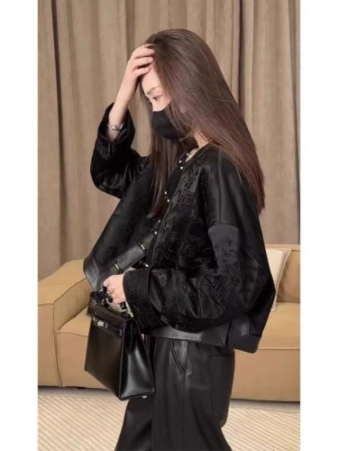 Autumn  New New Chinese Style Tops National Style Women's Small Fragrance Style Black Short Leather Jacket Women Spring and Autumn