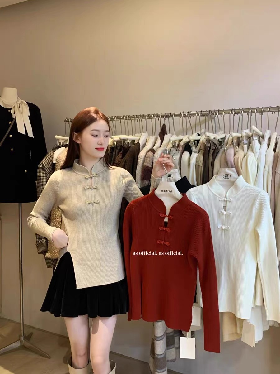 外貿品質針織秋冬女士打底衫修身旗袍風盤扣開叉短款上衣