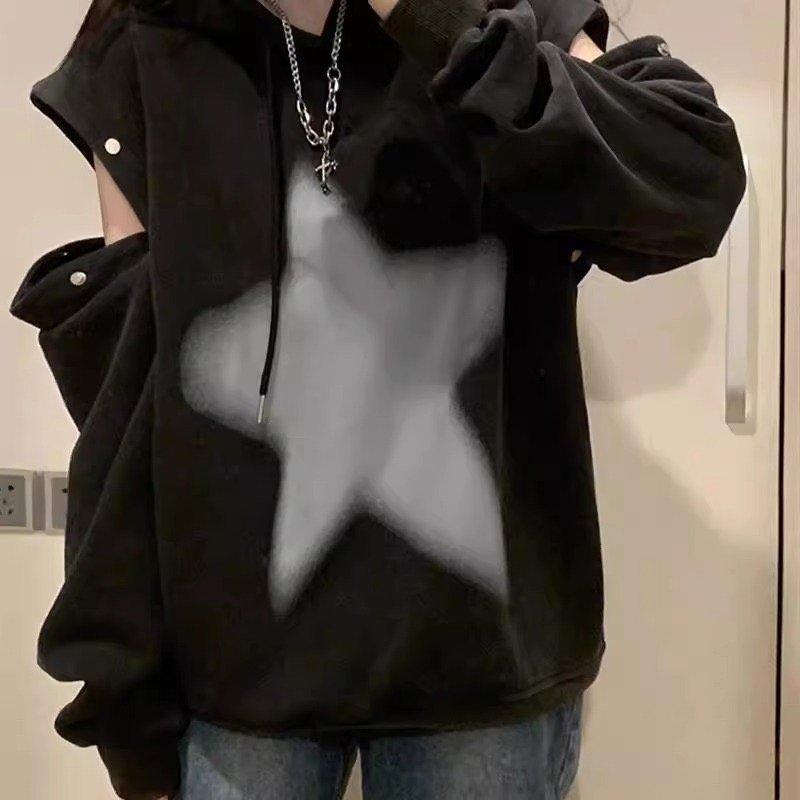 美式復古星星衛衣女春秋寬鬆ins潮牌慵懶風oversize套頭連帽外套