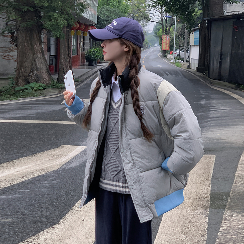 Actual shot of Korean style color-blocking down jacket for women 2023 winter new stand-up collar student cotton coat bread coat small man coat
