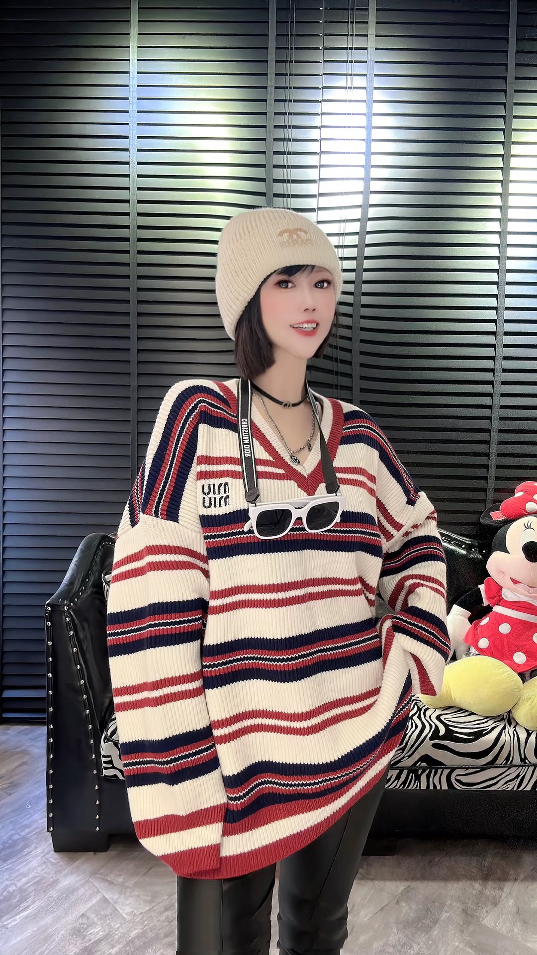 Korean style lazy style rainbow striped loose sweater women's long-sleeved European style new fashion V-neck embroidered letter sweater