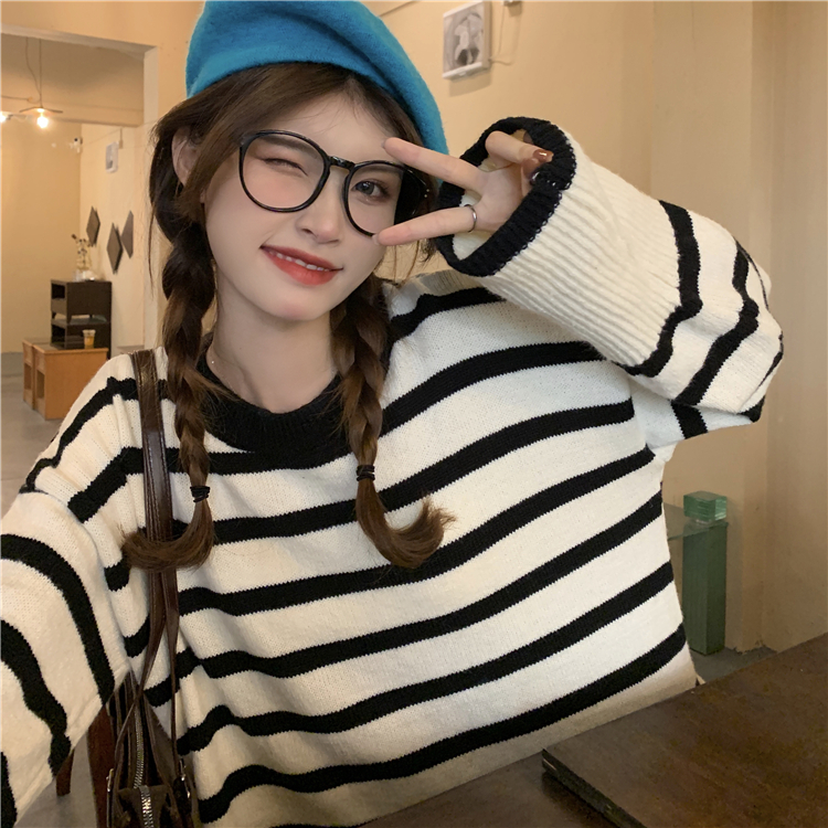 天貓品質慵懶風套頭毛衣女裝秋冬季寬鬆設計感小眾條紋針織衫