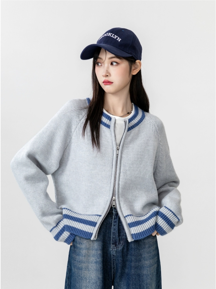 條紋毛衣外套女秋冬2023新款法式復古設計感寬鬆針織開衫長袖上衣