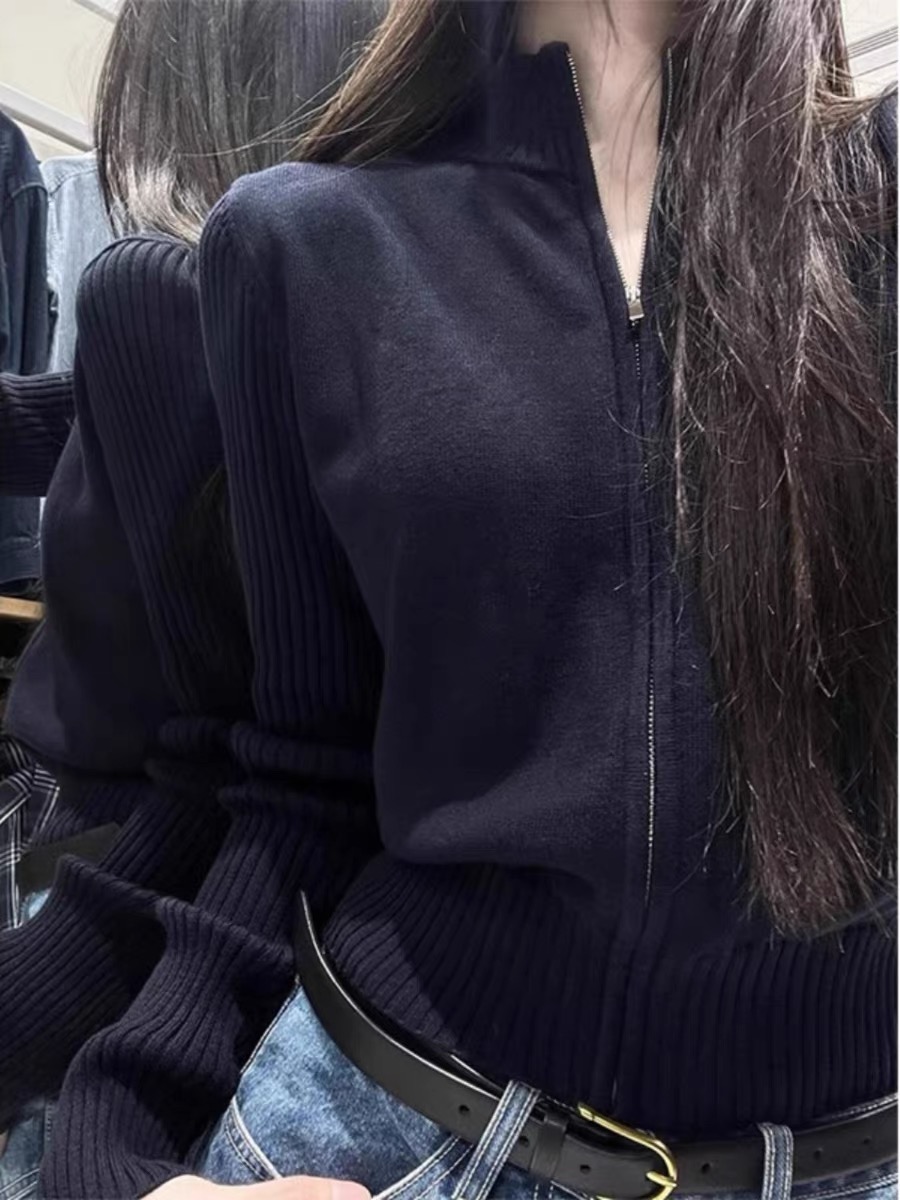 小香黑色半高領拉鏈針織開衫外套女裝新款春秋季穿搭外搭古着毛衣