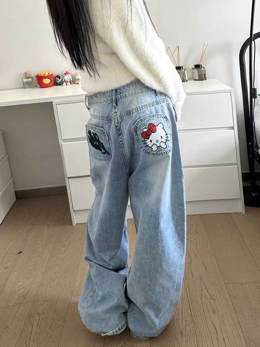 美式vibe凱蒂貓重工刺繡設計闊腿牛仔褲女高腰寬鬆顯瘦直筒褲