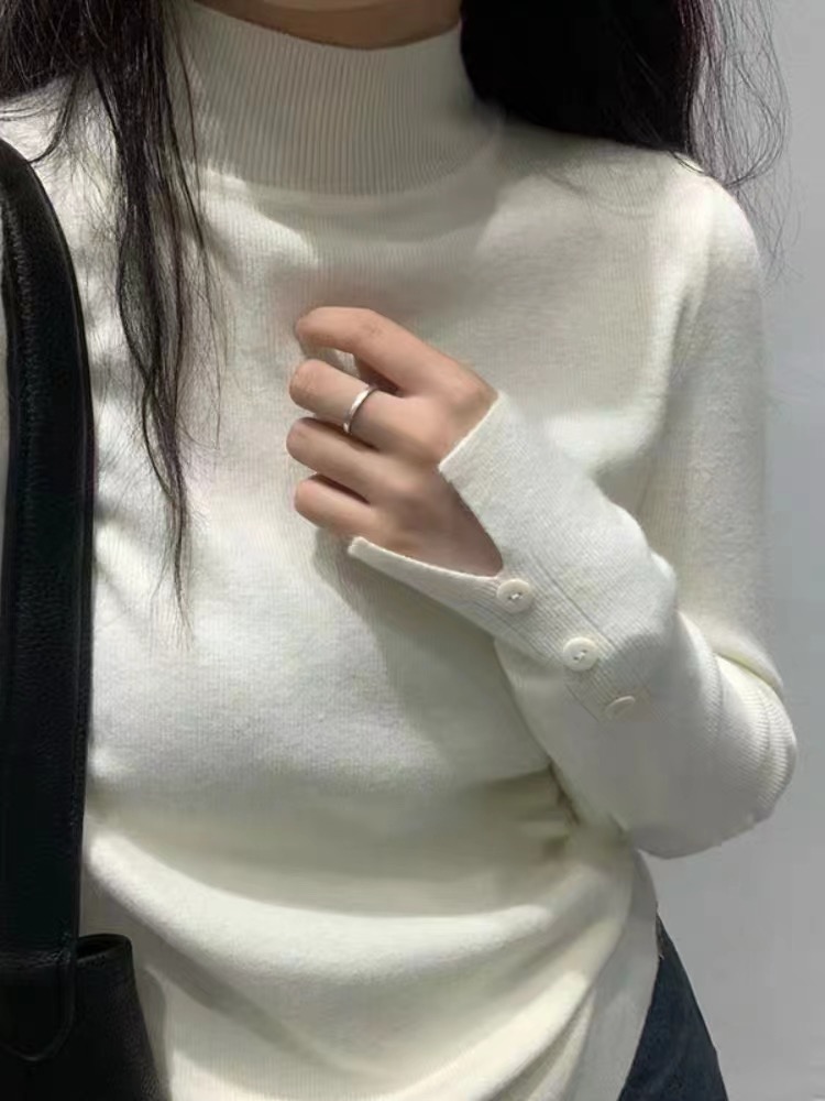羊毛灰色半高領修身長袖針織衫上衣女冬季高級感內搭軟糯打底毛衣
