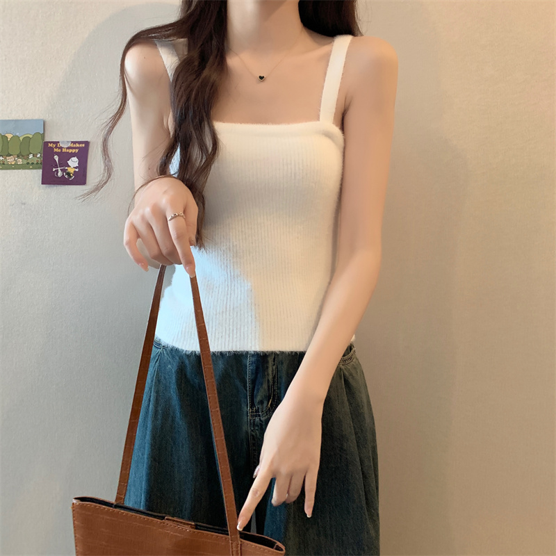 仿水貂毛絨平口小吊帶背心女內搭保暖外穿針織上衣軟糥