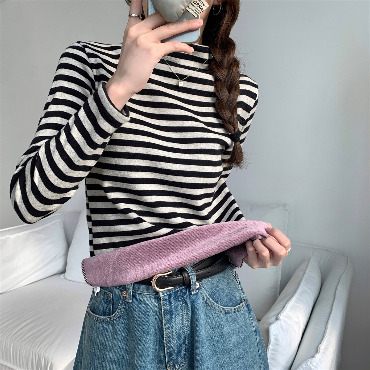 Actual shot of autumn and winter Korean style slim fit and versatile striped half turtleneck plus velvet warm inner long-sleeved T-shirt top for women