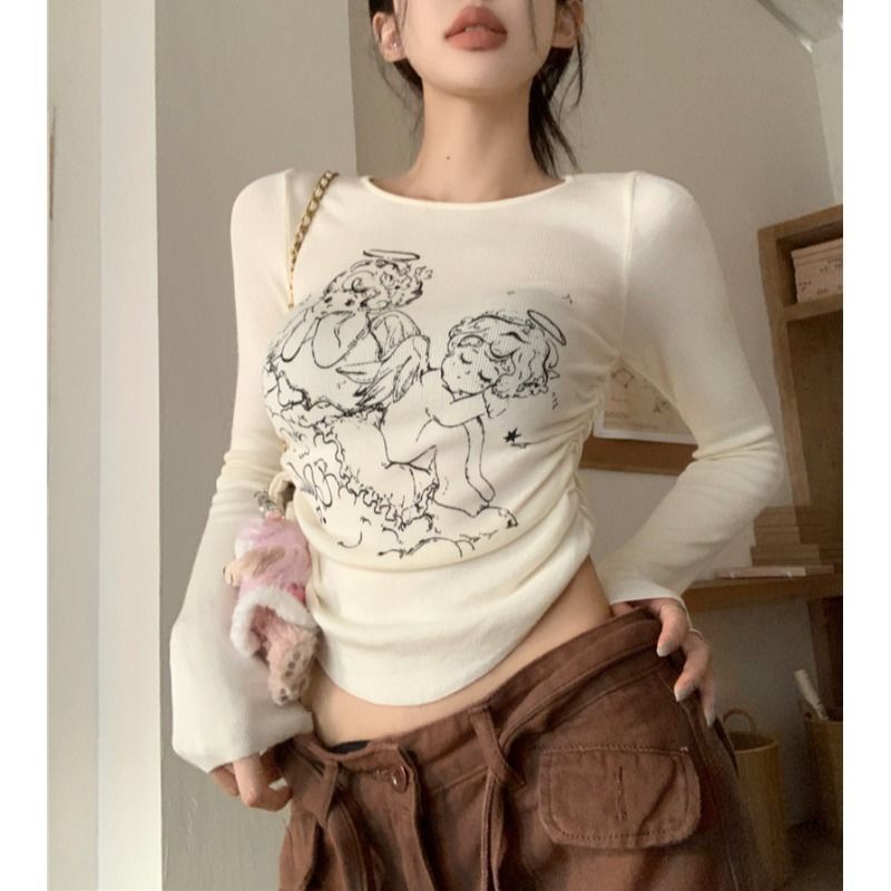 Delong 2023 New American Retro Cartoon Print Long Sleeve T-Shirt Slim Sweater