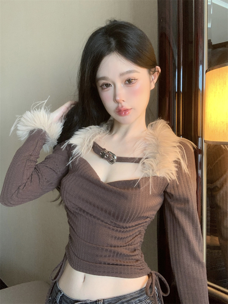 Real shot of Maillard retro sexy low-cut waist drawstring long-sleeved T-shirt hot girl slim inner top for women