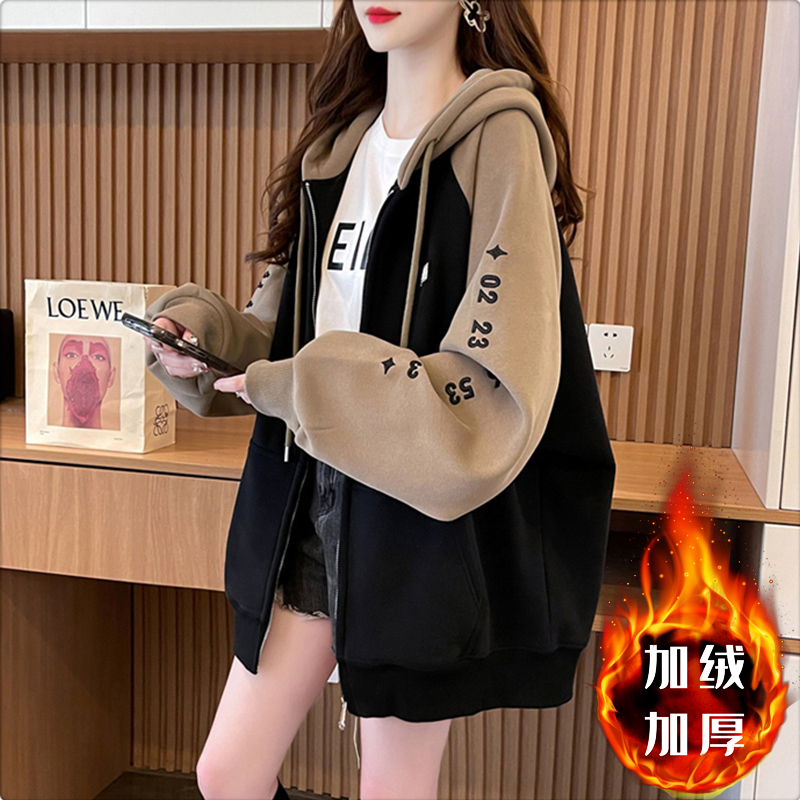 首發華棉複合貝貝絨2023冬季加絨加厚連帽外套寬鬆衛衣女
