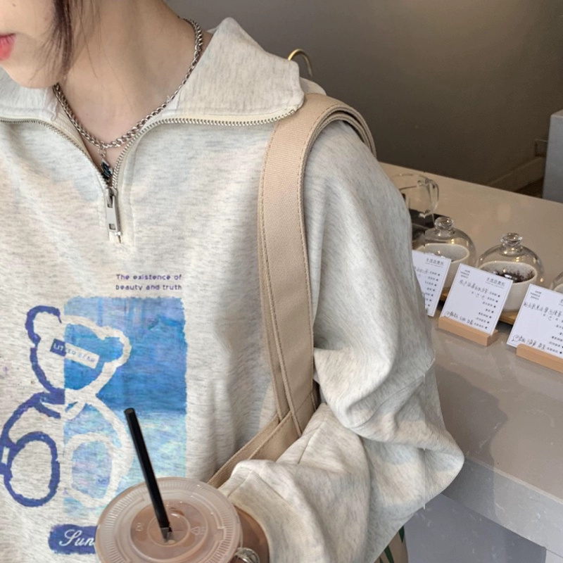 380g食毛華棉長袖衛衣女美式復古拉鏈秋冬寬鬆大碼中長款韓版上衣
