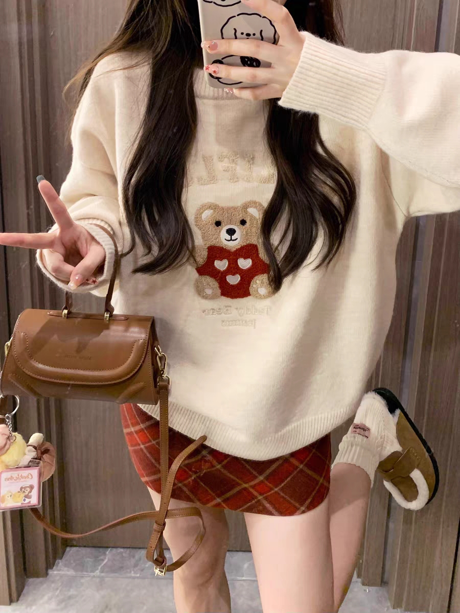 秋冬復古毛巾繡小熊套頭毛衣女寬鬆慵懶風重磅圓領針織衫