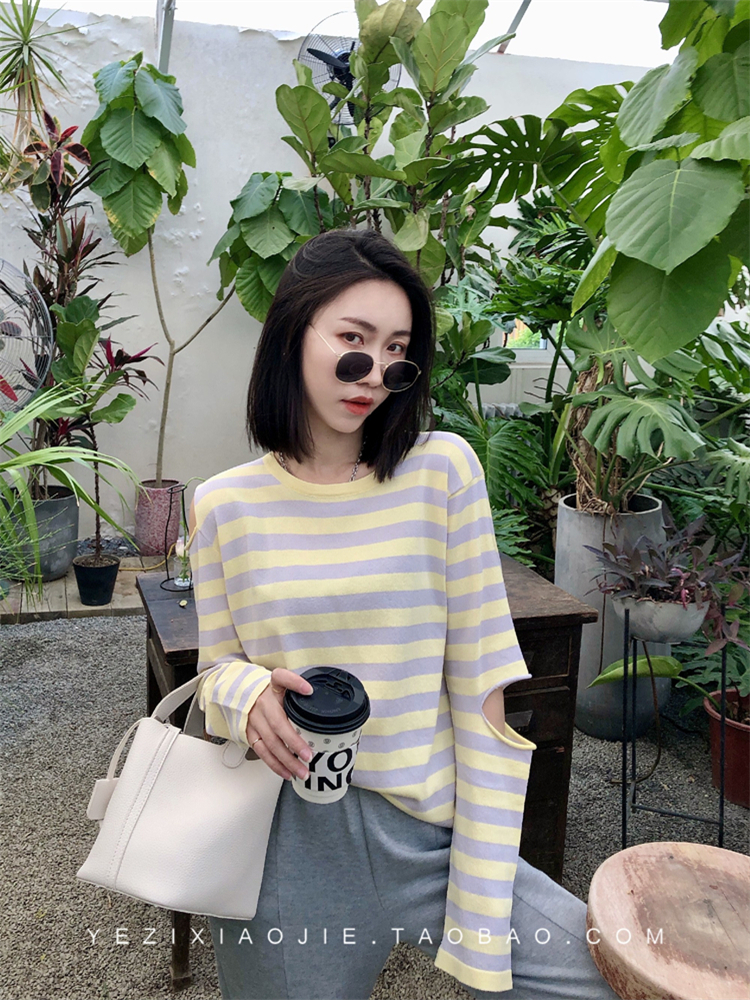 葉子小姐條紋防曬衫女夏露肩針織衫短款寬鬆空調衫薄長袖破洞上衣