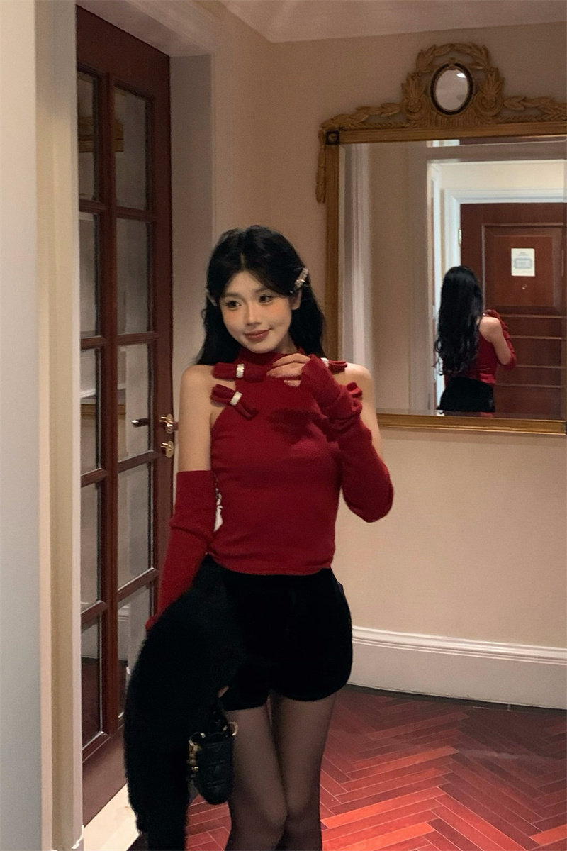 實拍 酥系/純欲天菜辣妹高領蝴蝶結針織衫可卸袖套女修身內搭
