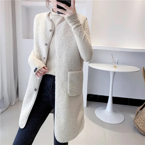 Long vest for women in autumn and winter, mid-length imitation lamb hair vest, fashionable new style, versatile and versatile, women's coat