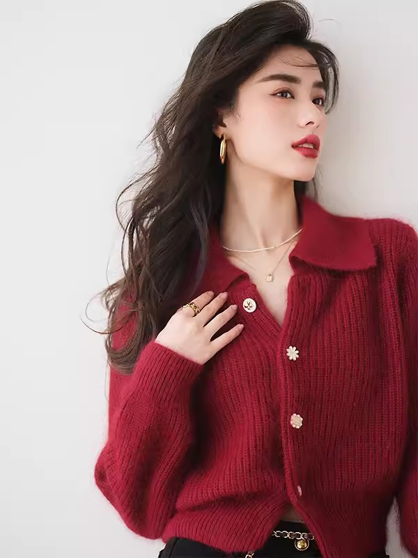 秋冬紅色兔絨polo領毛衣外套女冬季加厚復古新年短款針織開衫上衣
