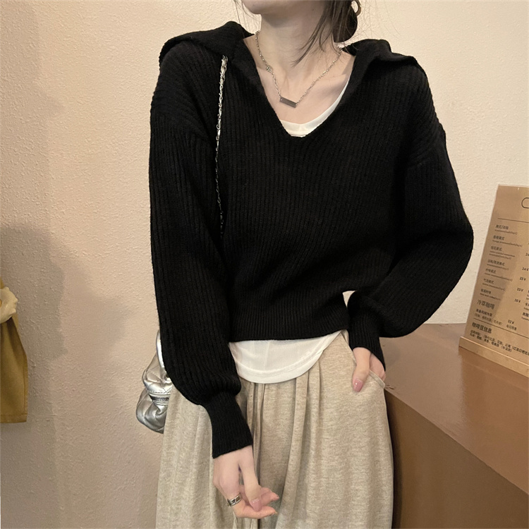 實拍兩件套復古海軍領短款毛衣女秋冬寬鬆加厚套頭針織衫