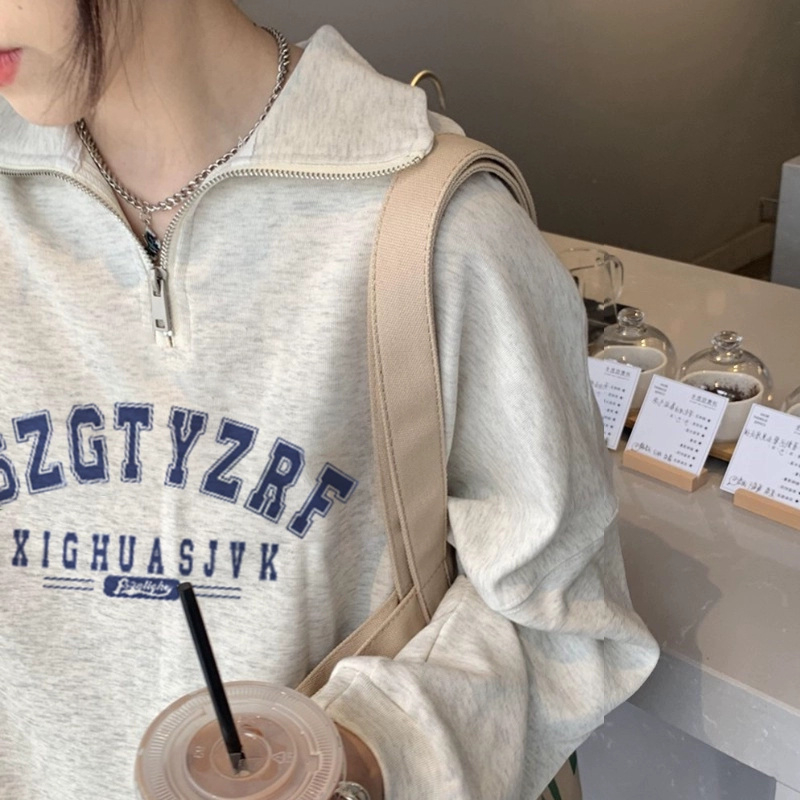 380g食毛華棉長袖衛衣女美式復古拉鏈秋冬寬鬆大碼中長款韓版上衣