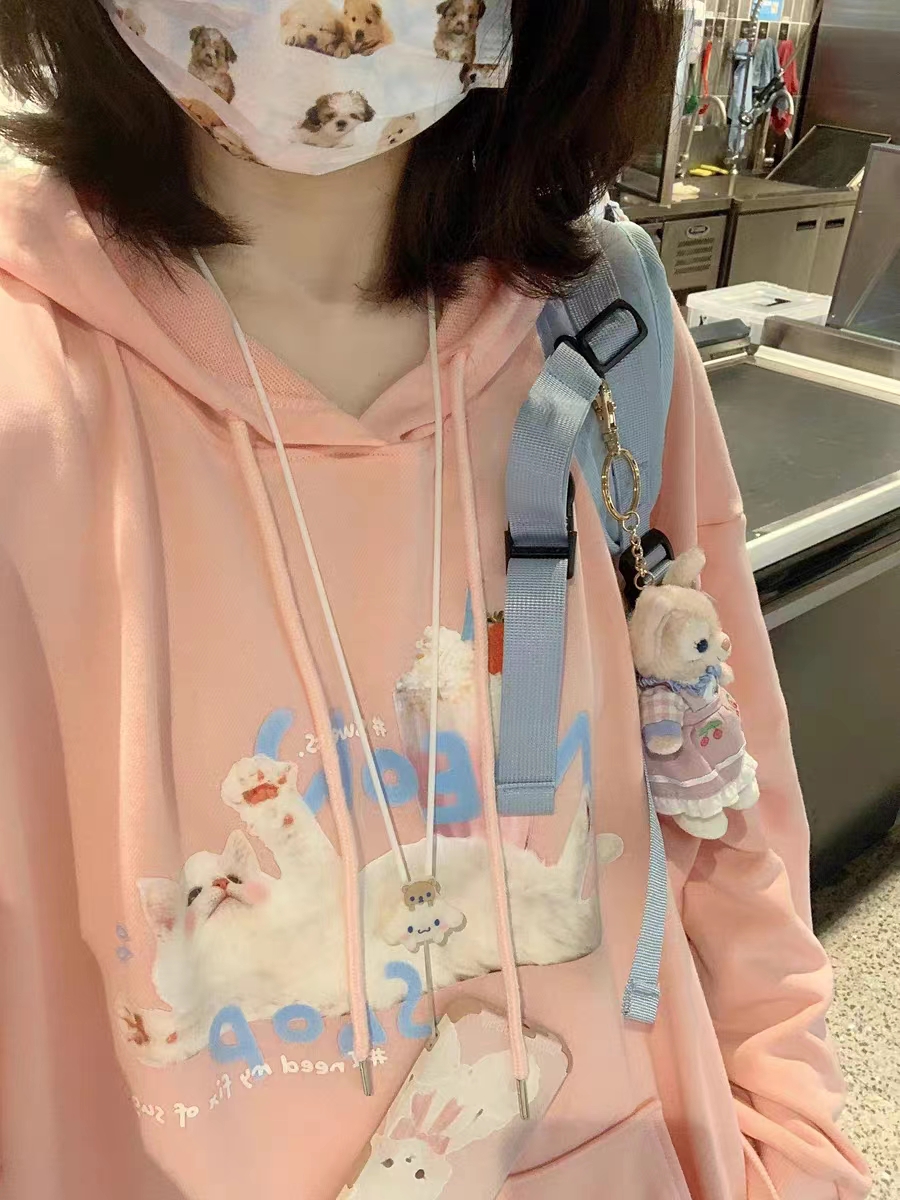 食毛華棉複合銀狐絨400克秋冬薄款·厚款連帽印花衛衣女潮