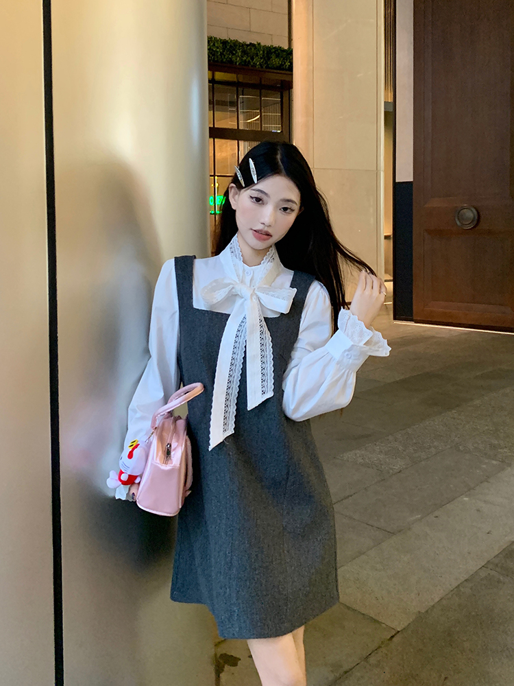 法式高級感蝴蝶結長袖襯衫毛呢背帶連衣裙女秋季2023新款時尚套裝