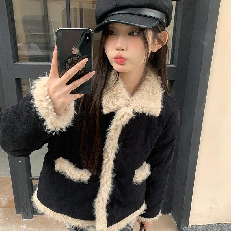實拍！新款黑色外套春秋冬季加絨加厚小個子高級感短款上衣