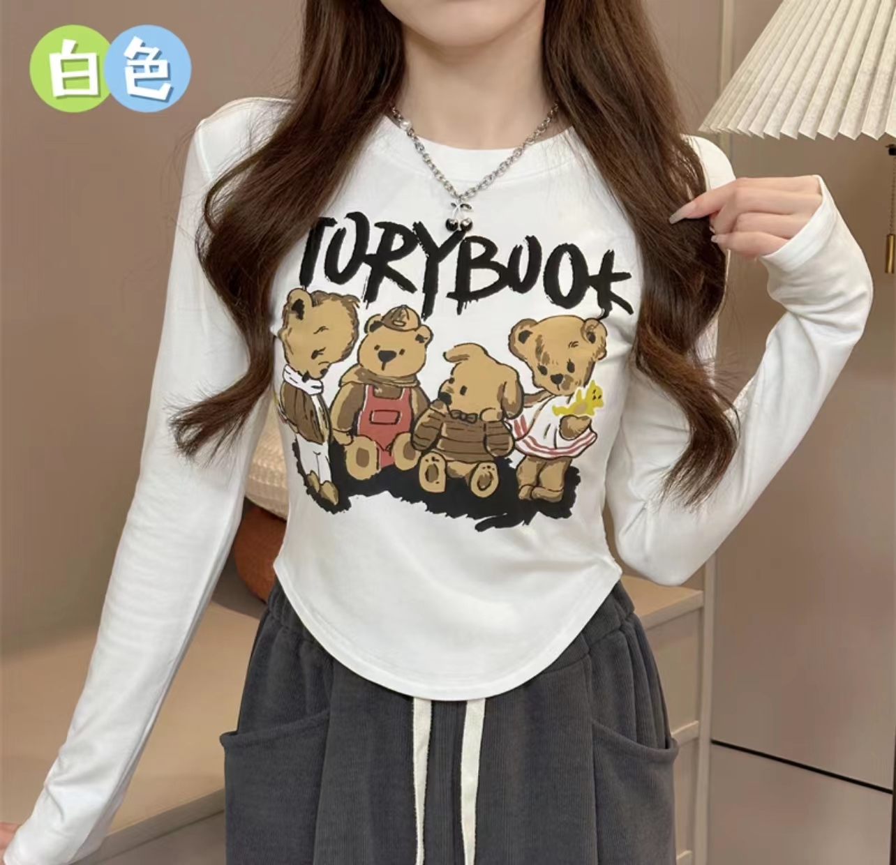 2023 Autumn New American Style Right Shoulder Slim Sweet Spicy Round Neck Versatile Cartoon Bear Print Long Sleeve Contrast Color T-Shirt