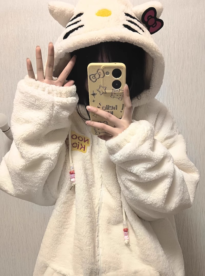 500g real lamb velvet Japanese style cute Hello Kitty coat for women autumn and winter loose sweatshirt cotton coat