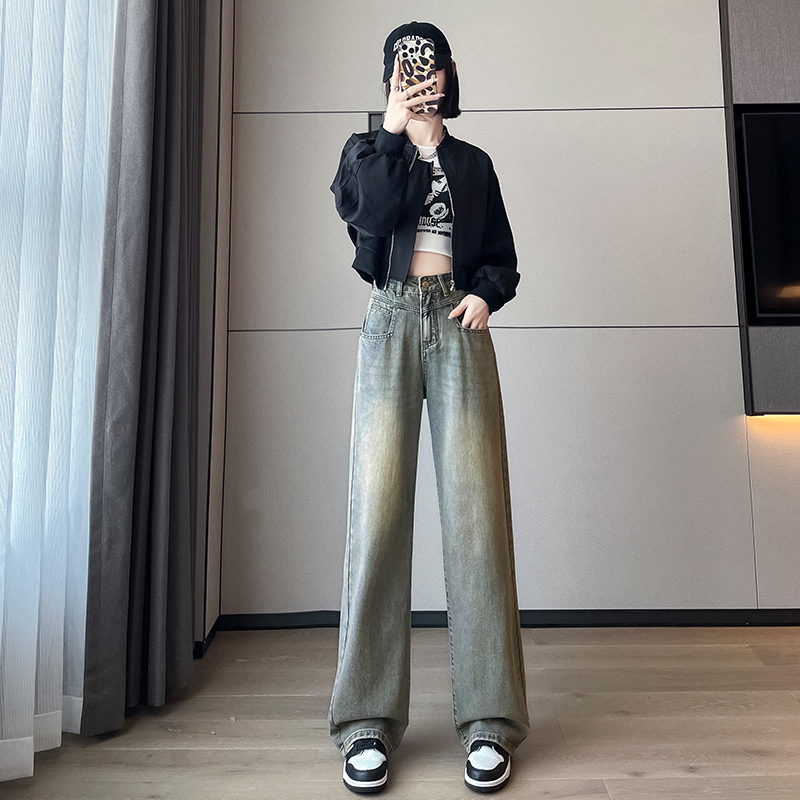 實拍2023秋季時尚潮流寬鬆闊腿復古牛仔褲女