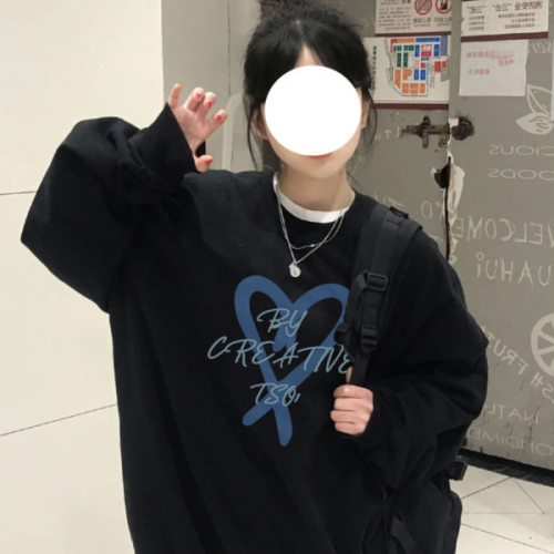 原宿BF加绒加厚套头圆领卫衣女学生盐系宽松上衣秋冬季外套慵懒风