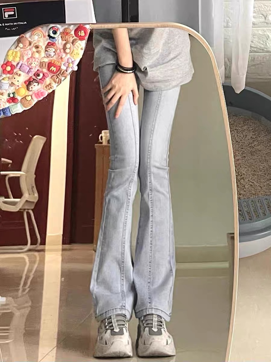 辣妹復古淺藍色微喇叭牛仔褲女春秋高腰修身彈力直筒闊腿褲潮ins