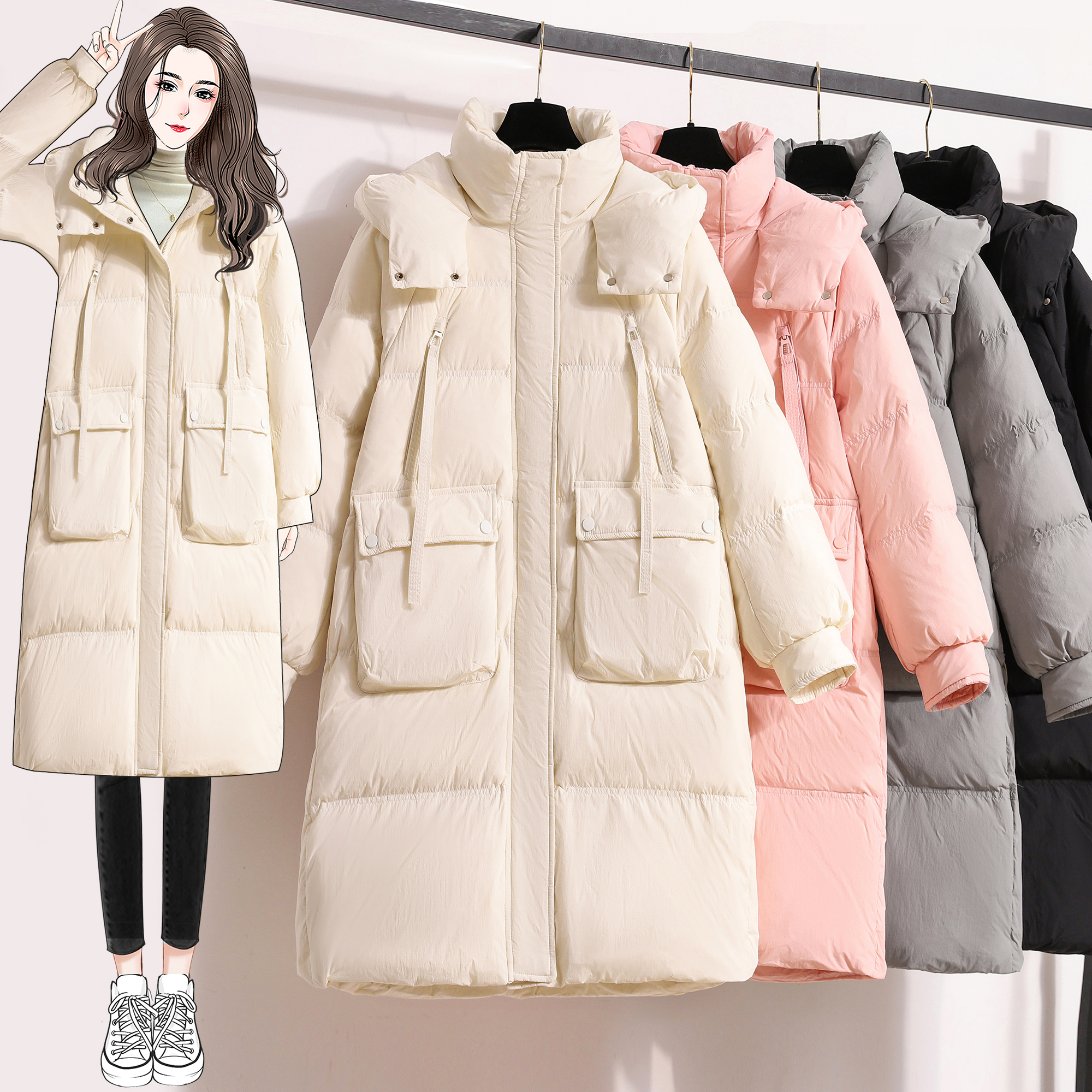 9903 Real shot of large size medium and long loose hooded down jacket for women in winter loose and slim 90 white duck down jacket