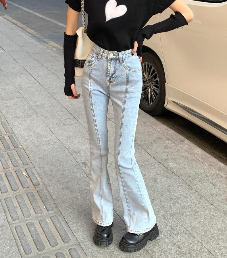 辣妹高腰顯瘦微喇叭牛仔褲女裝春秋美式設計感寬鬆直筒闊腿褲褲子