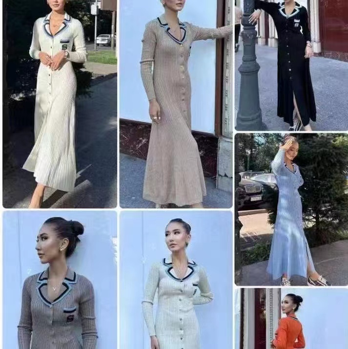 法式小香風長裙刺繡Polo領長袖針織連衣裙收腰顯瘦打底裙秋冬新款