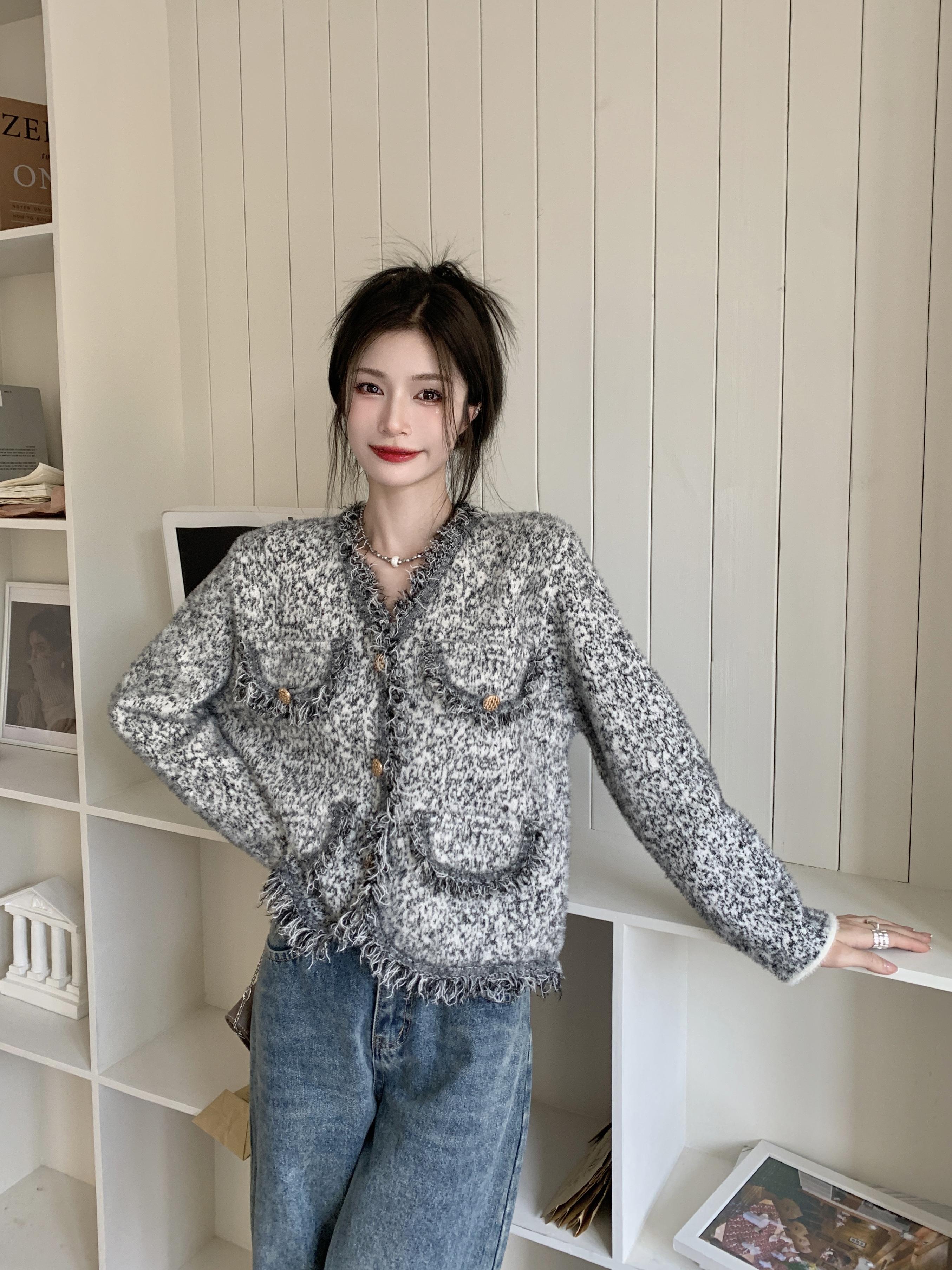 實拍名媛小香風V領流蘇外套女秋高級感寬鬆長袖短款上衣