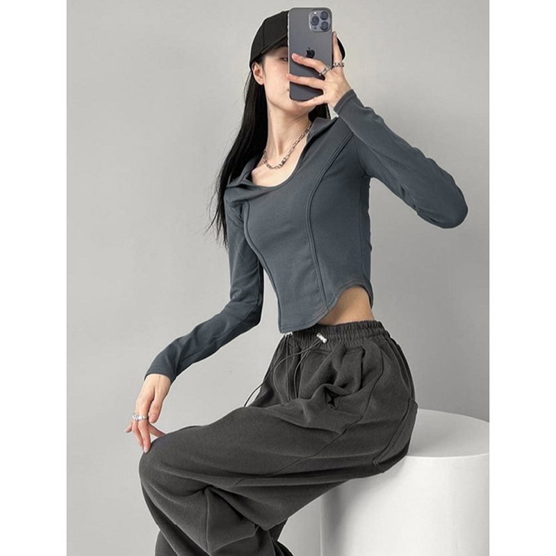 美式魚骨上衣女高級感修身辣妹內搭設計感小眾短款長袖t恤早秋季