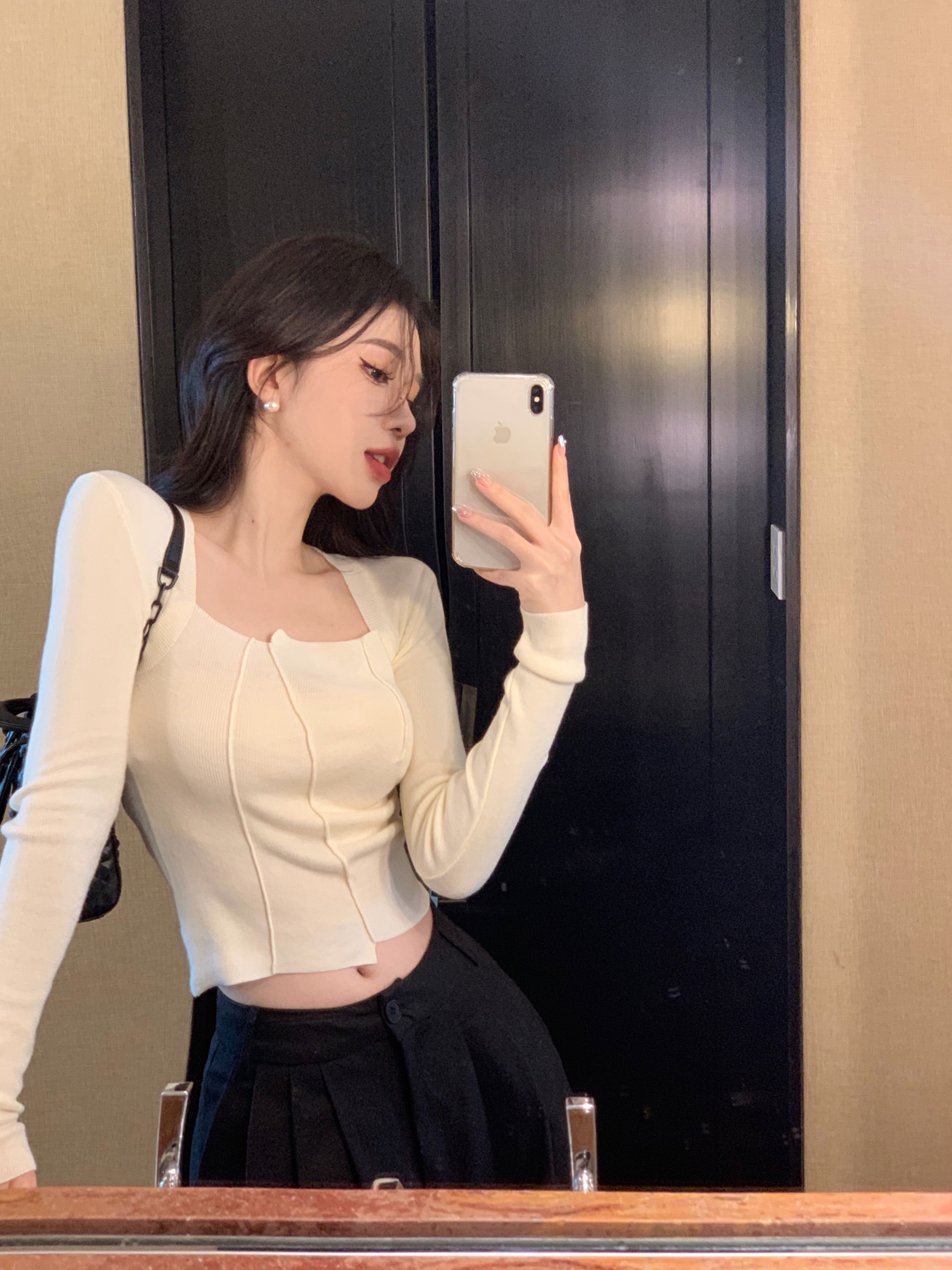 實拍 秋冬打底衫長袖設計感小眾別致不規則方領針織衫上衣t恤