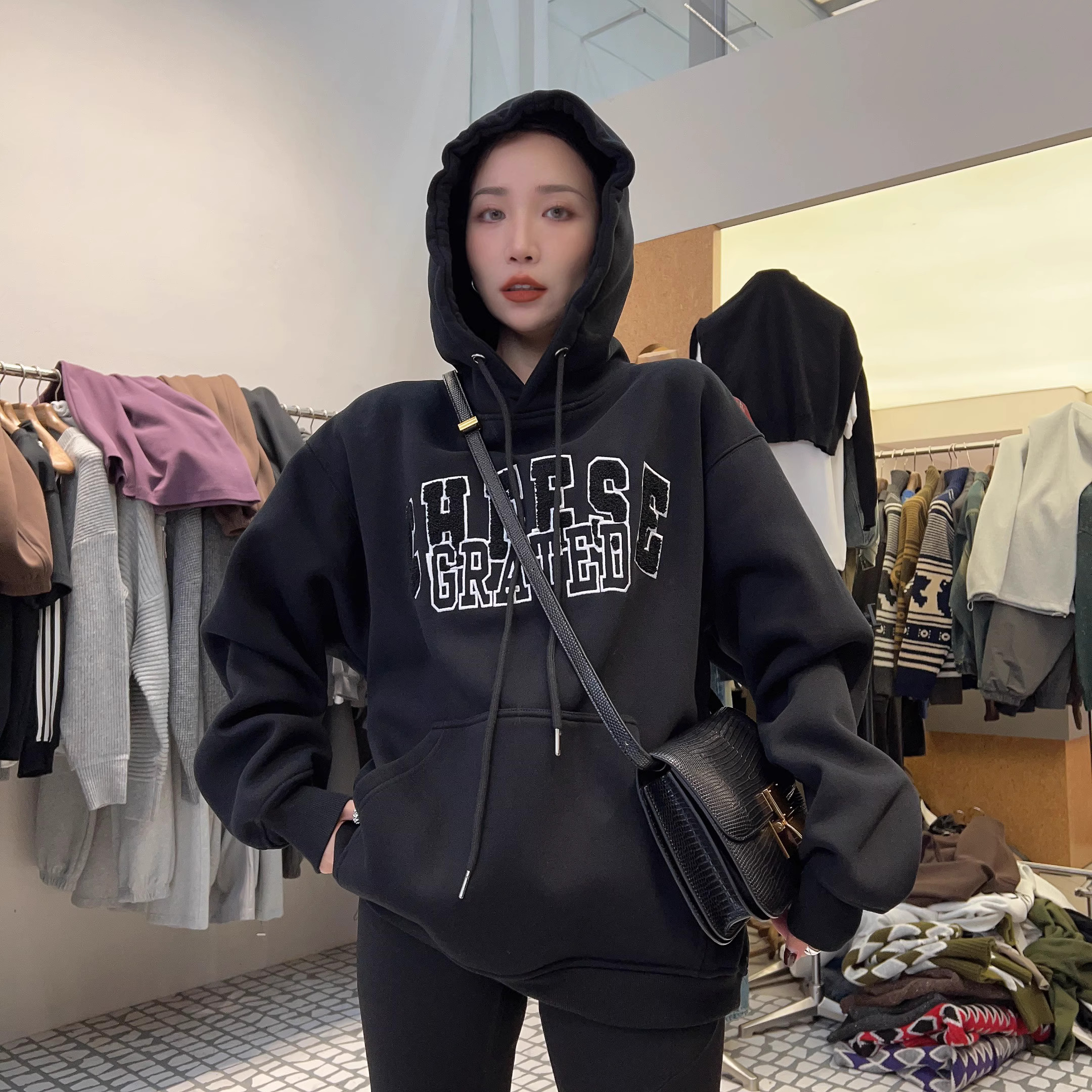 官圖華棉複合薄款310克/加絨410克秋冬裝衛衣女印花