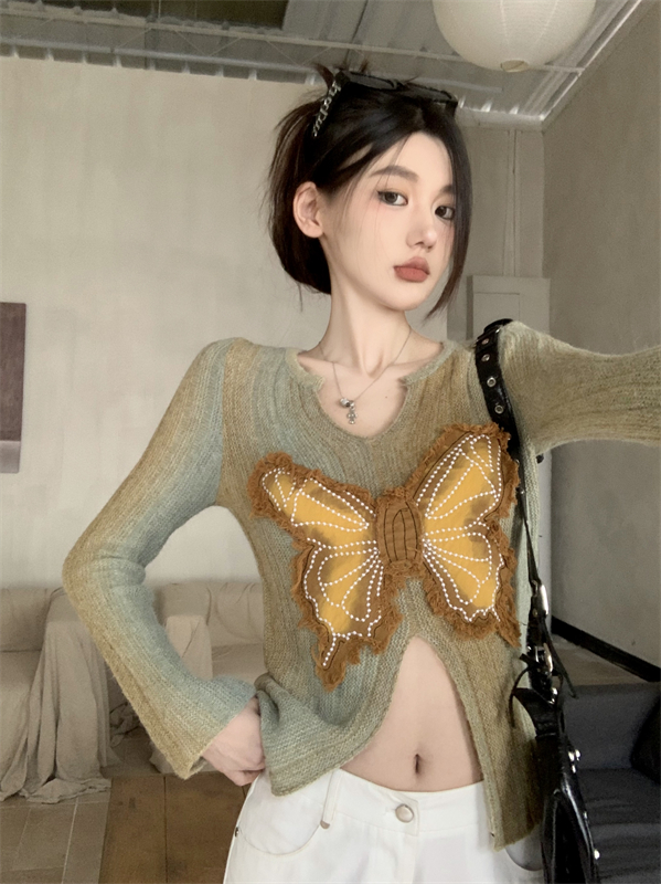 蝴蝶刺繡長袖v領針織衫女秋季綠色漸變修身毛衣內搭打底開叉上衣