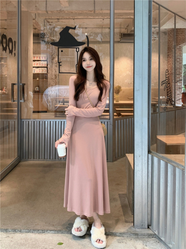 Real shot!  Elegant square neck draped versatile dress for women Korean style outer wear and inner wear slimming A-line long skirt