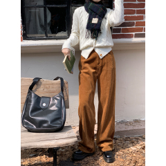 Actual shot of Korean retro corduroy high-waisted straight casual pants 2023 autumn and winter new style versatile slimming long pants