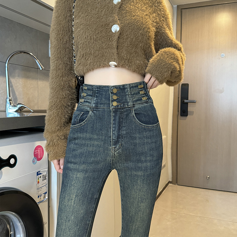 實拍2023秋季時尚潮流修身鉛筆褲美式復古牛仔褲女
