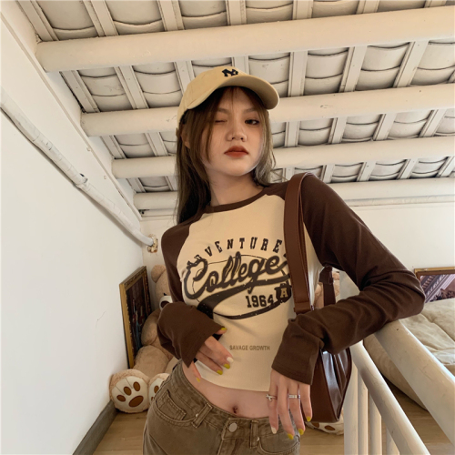 Real shot of American retro raglan letter printed short long-sleeved T-shirt