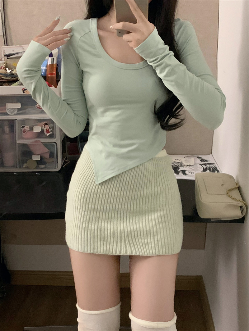 實拍純欲風大U領高腰短款辣妹上衣女設計感不規則正肩短袖t恤套裝