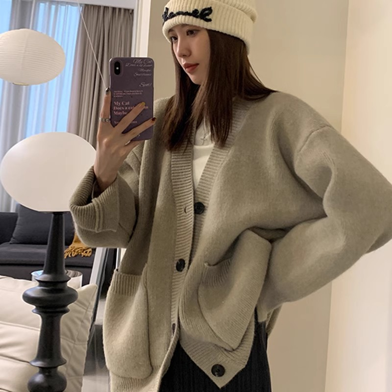 V領毛衣開衫外套女2023年秋冬新款百搭設計感寬鬆慵懶風針織上衣