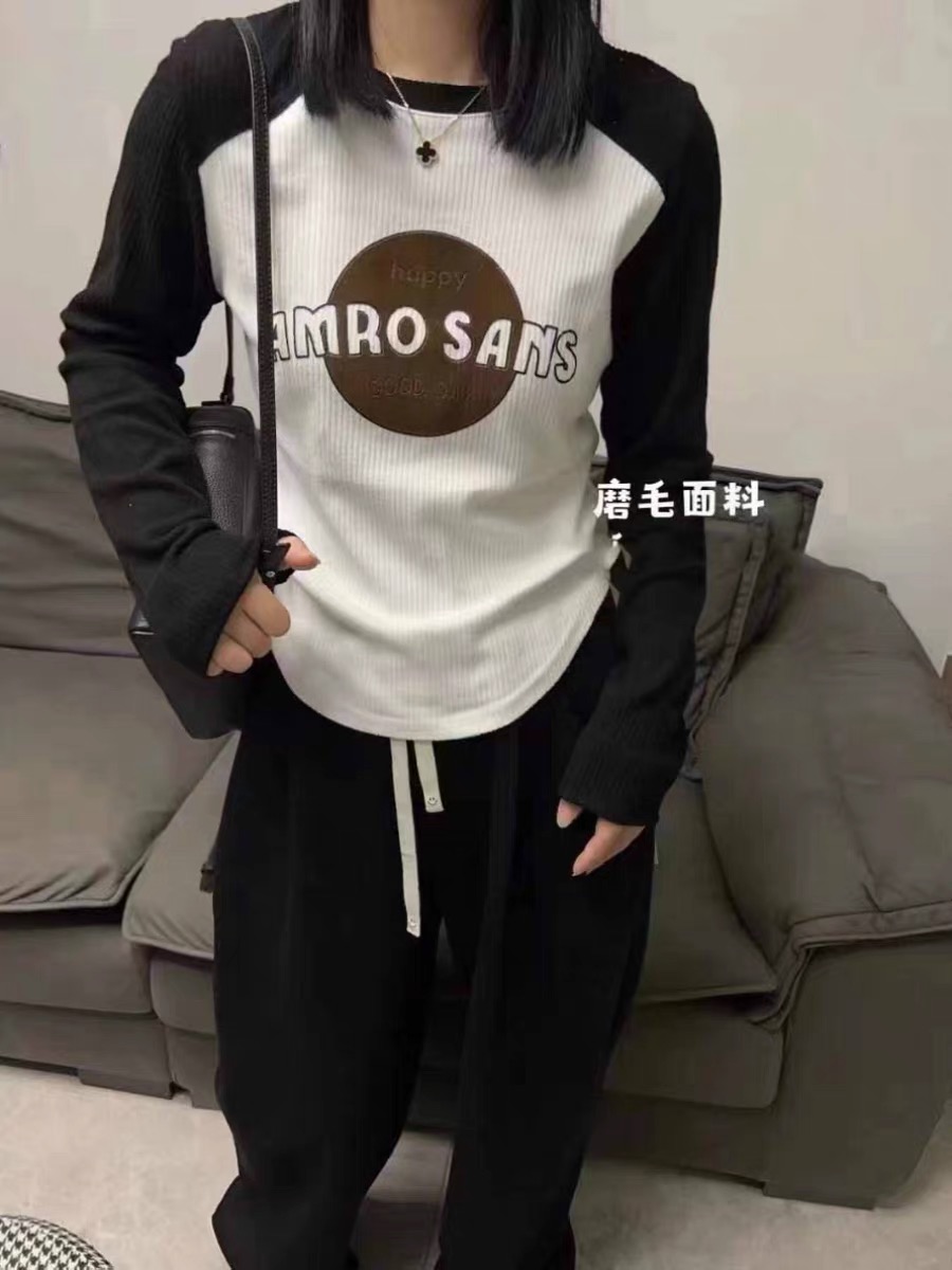 秋冬韓版新款修身顯瘦字母拼色圓領磨毛短款長袖T恤女打底衫上衣