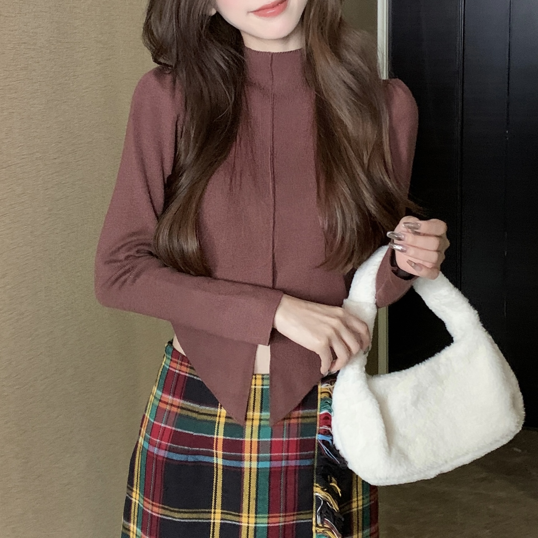 實拍 修身氣質圓領開叉安迪絨內搭打底針織衫上衣毛衣